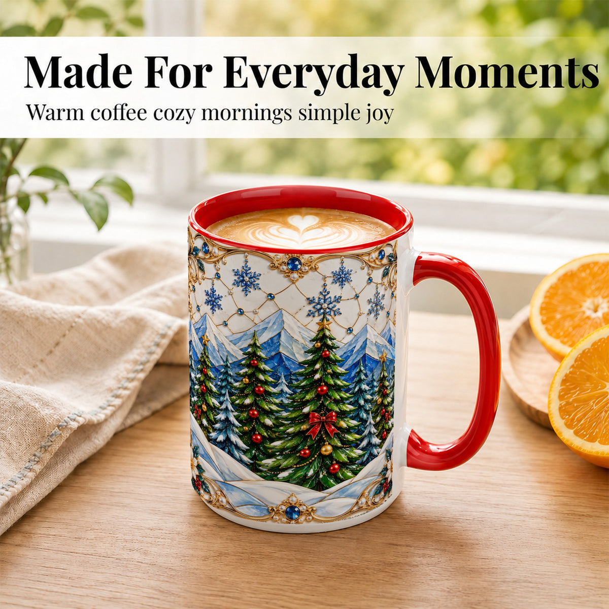 #pl[15oz|Red] Christmas Tree Coffee Mug, Snowy Mountain Mug, Ceramic Cup
