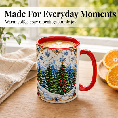 #pl[15oz|Red] Christmas Tree Coffee Mug, Snowy Mountain Mug, Ceramic Cup