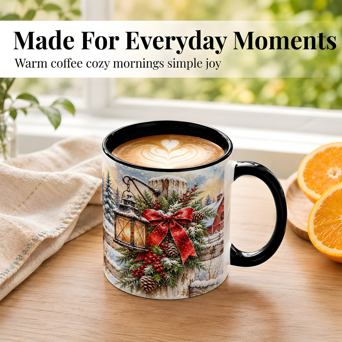 #pl[11oz|Black] Christmas Lantern Coffee Mug, Snowy Farmhouse Mug, Ceramic Cup