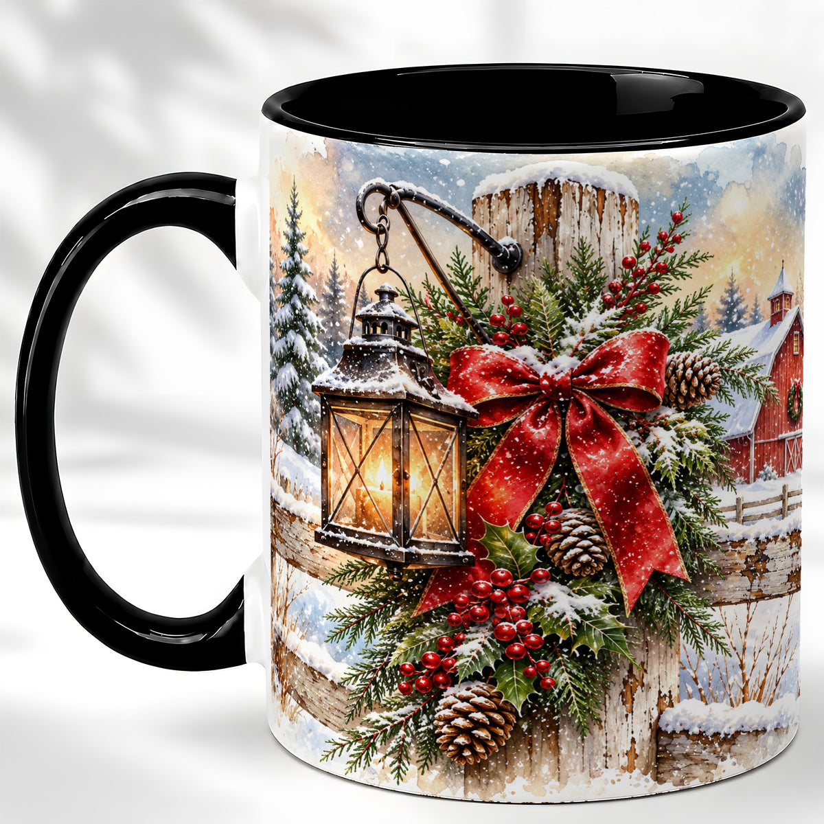 #pl[11oz|Black] Christmas Lantern Coffee Mug, Snowy Farmhouse Mug, Ceramic Cup