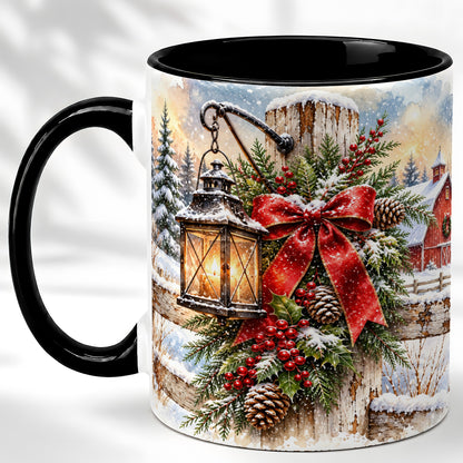 #pl[11oz|Black] Christmas Lantern Coffee Mug, Snowy Farmhouse Mug, Ceramic Cup