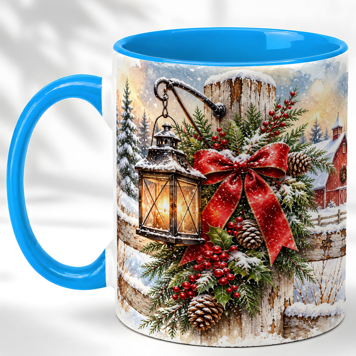 #pl[11oz|Blue] Christmas Lantern Coffee Mug, Snowy Farmhouse Mug, Ceramic Cup