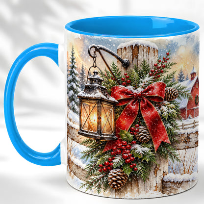 #pl[11oz|Blue] Christmas Lantern Coffee Mug, Snowy Farmhouse Mug, Ceramic Cup
