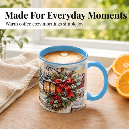 #pl[11oz|Blue] Christmas Lantern Coffee Mug, Snowy Farmhouse Mug, Ceramic Cup