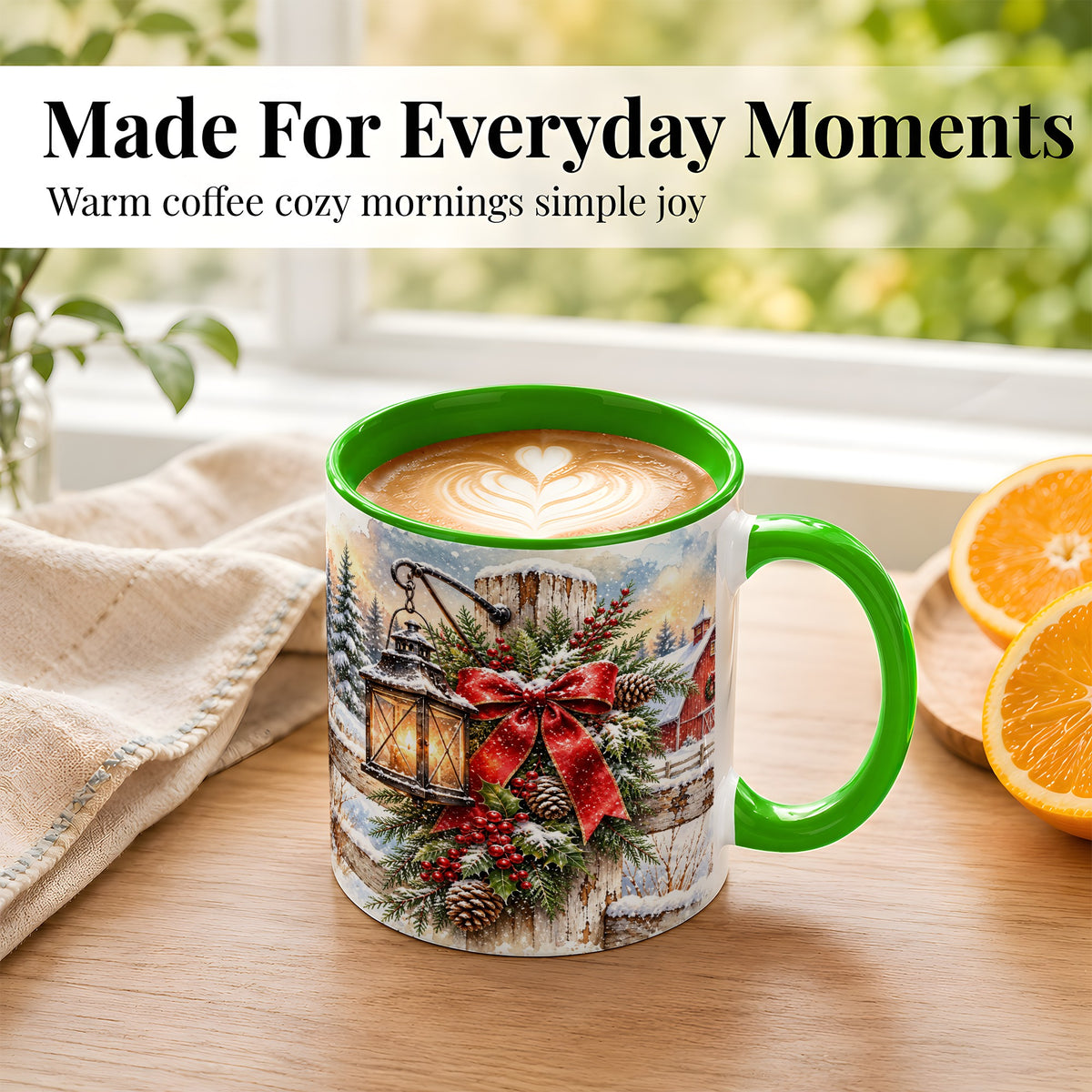#pl[11oz|Green] Christmas Lantern Coffee Mug, Snowy Farmhouse Mug, Ceramic Cup