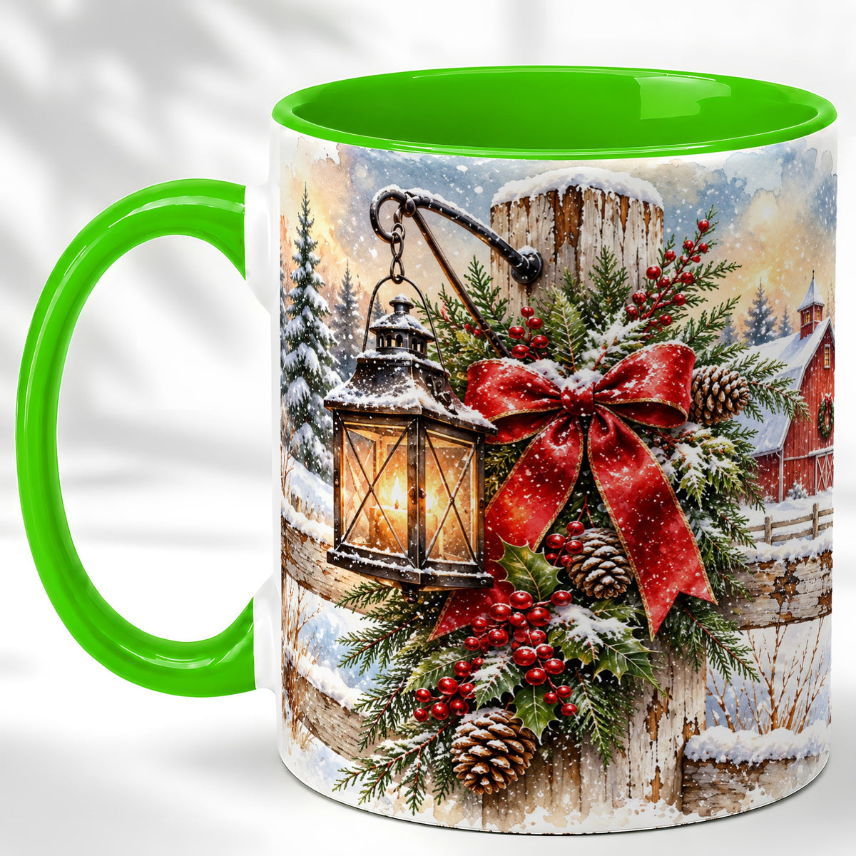 #pl[11oz|Green] Christmas Lantern Coffee Mug, Snowy Farmhouse Mug, Ceramic Cup