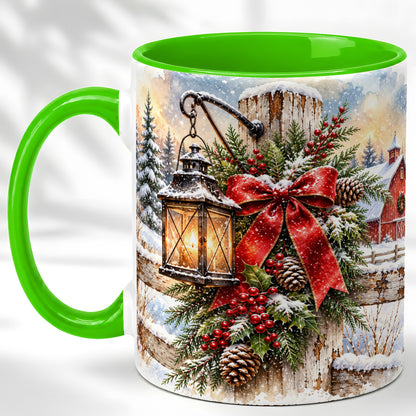 #pl[11oz|Green] Christmas Lantern Coffee Mug, Snowy Farmhouse Mug, Ceramic Cup