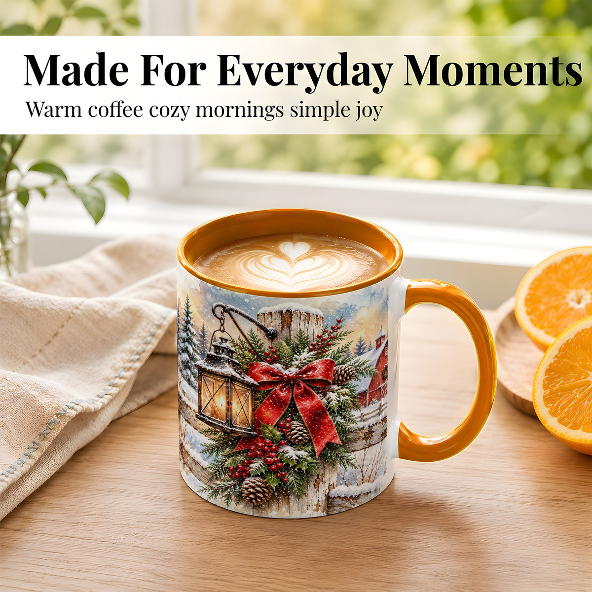 #pl[11oz|Orange] Christmas Lantern Coffee Mug, Snowy Farmhouse Mug, Ceramic Cup