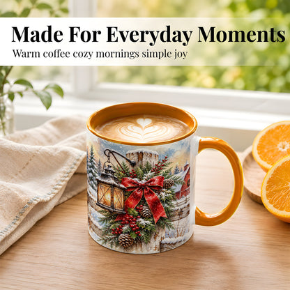 #pl[11oz|Orange] Christmas Lantern Coffee Mug, Snowy Farmhouse Mug, Ceramic Cup
