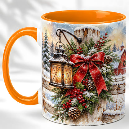 #pl[11oz|Orange] Christmas Lantern Coffee Mug, Snowy Farmhouse Mug, Ceramic Cup