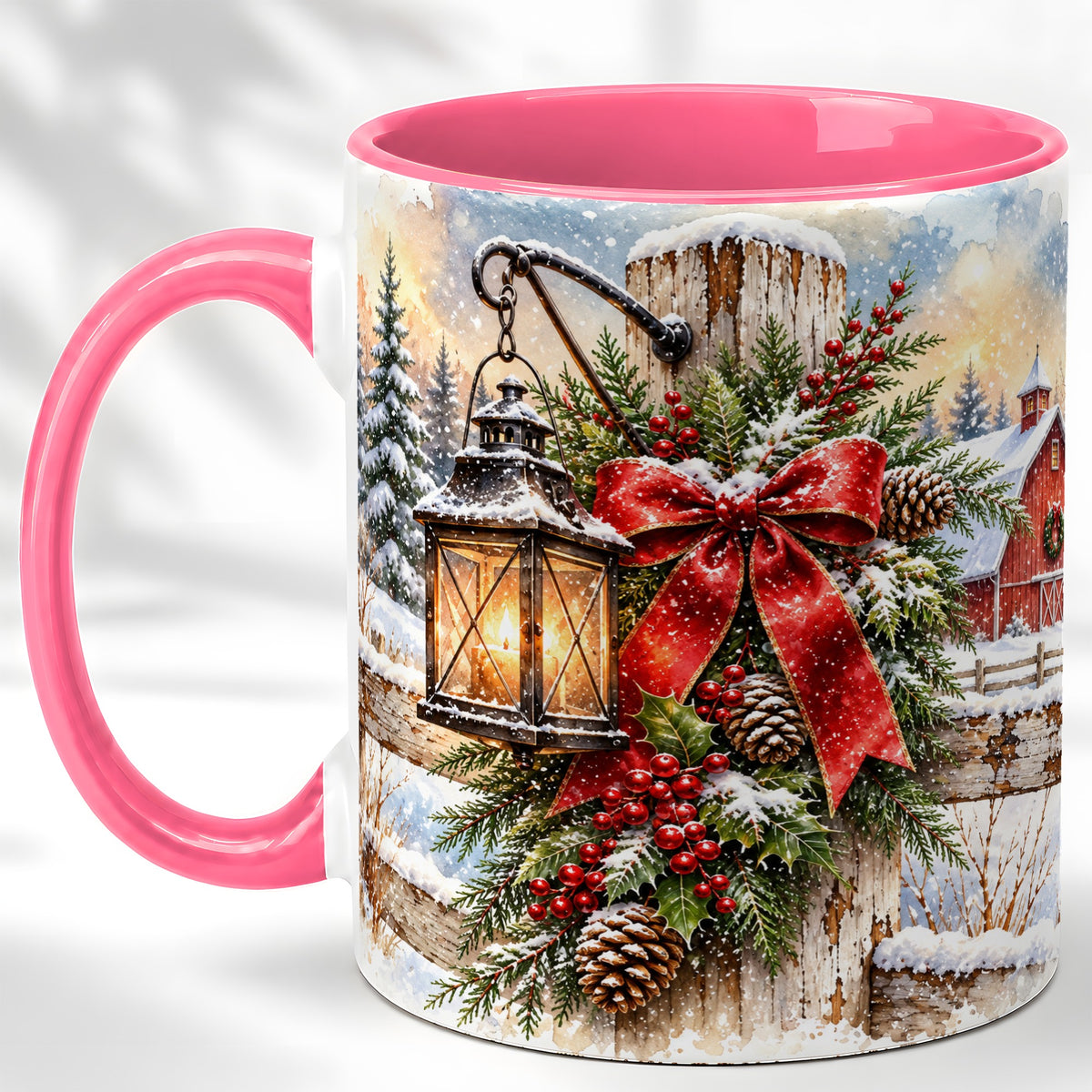 #pl[11oz|Pink] Christmas Lantern Coffee Mug, Snowy Farmhouse Mug, Ceramic Cup