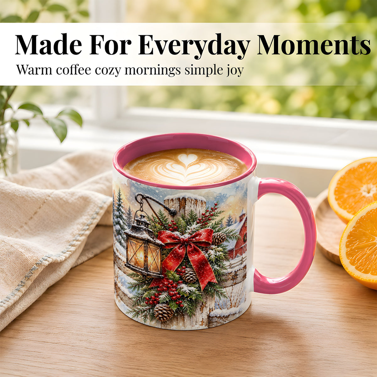 #pl[11oz|Pink] Christmas Lantern Coffee Mug, Snowy Farmhouse Mug, Ceramic Cup