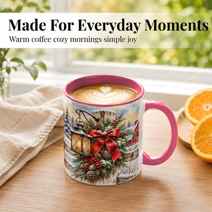 #pl[11oz|Pink] Christmas Lantern Coffee Mug, Snowy Farmhouse Mug, Ceramic Cup