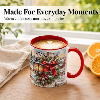 #pl[11oz|Red] Christmas Lantern Coffee Mug, Snowy Farmhouse Mug, Ceramic Cup