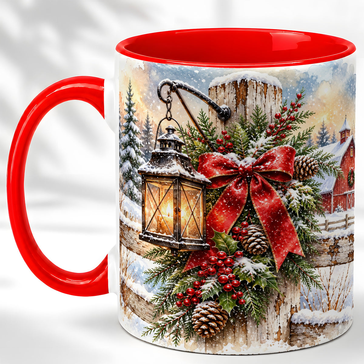 Christmas Lantern Coffee Mug, Snowy Farmhouse Mug, Ceramic Cup