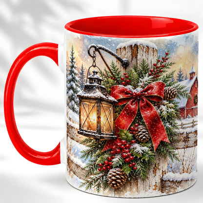 Christmas Lantern Coffee Mug, Snowy Farmhouse Mug, Ceramic Cup