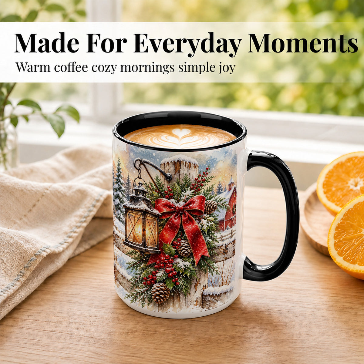 #pl[15oz|Black] Christmas Lantern Coffee Mug, Snowy Farmhouse Mug, Ceramic Cup