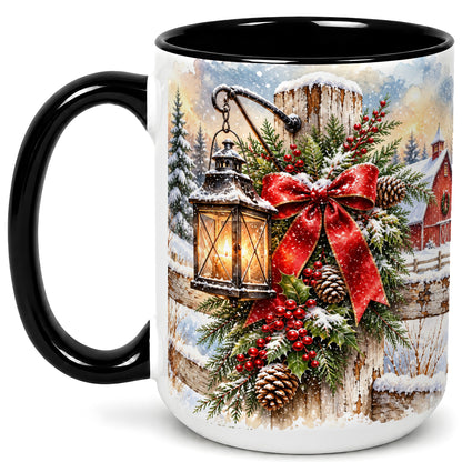 #pl[15oz|Black] Christmas Lantern Coffee Mug, Snowy Farmhouse Mug, Ceramic Cup