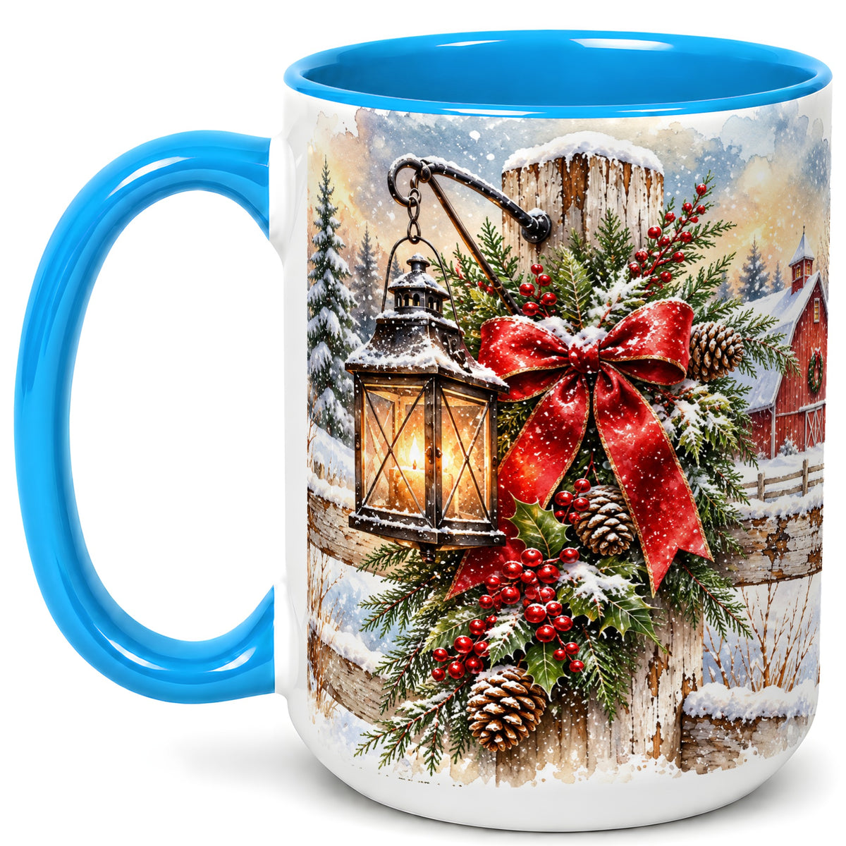 #pl[15oz|Blue] Christmas Lantern Coffee Mug, Snowy Farmhouse Mug, Ceramic Cup