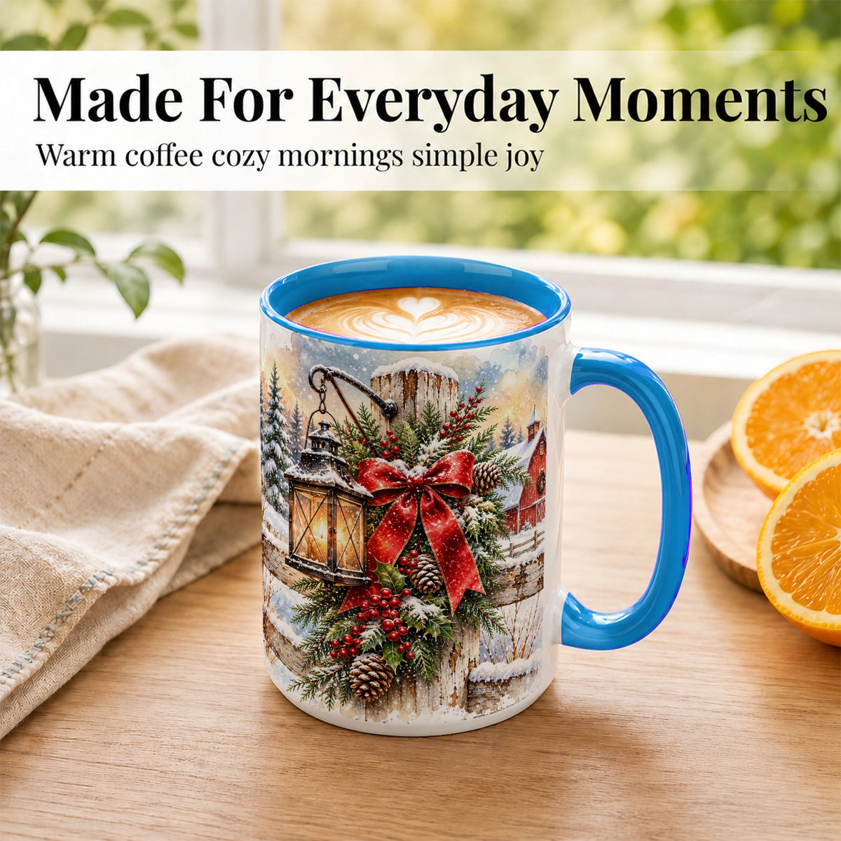 #pl[15oz|Blue] Christmas Lantern Coffee Mug, Snowy Farmhouse Mug, Ceramic Cup