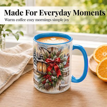 #pl[15oz|Blue] Christmas Lantern Coffee Mug, Snowy Farmhouse Mug, Ceramic Cup