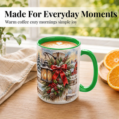 #pl[15oz|Green] Christmas Lantern Coffee Mug, Snowy Farmhouse Mug, Ceramic Cup