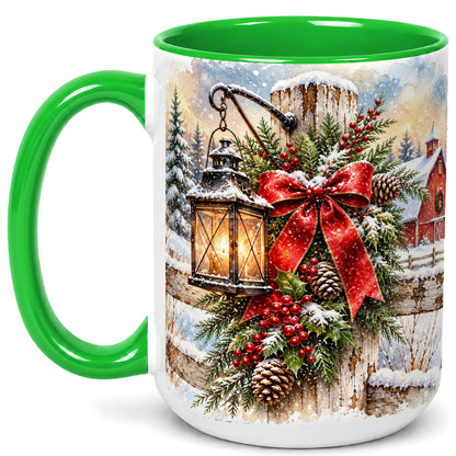 #pl[15oz|Green] Christmas Lantern Coffee Mug, Snowy Farmhouse Mug, Ceramic Cup