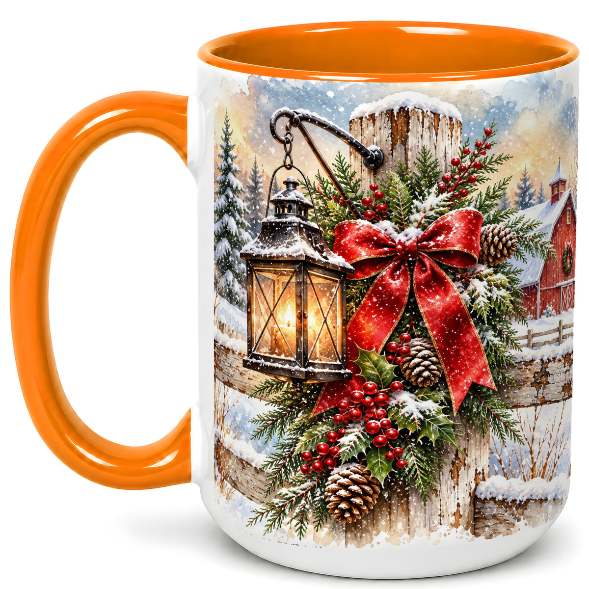 #pl[15oz|Orange] Christmas Lantern Coffee Mug, Snowy Farmhouse Mug, Ceramic Cup