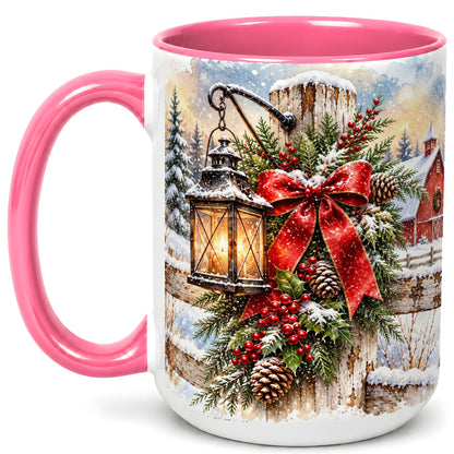 #pl[15oz|Pink] Christmas Lantern Coffee Mug, Snowy Farmhouse Mug, Ceramic Cup