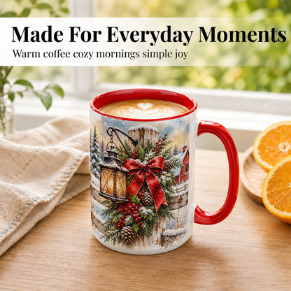 #pl[15oz|Red] Christmas Lantern Coffee Mug, Snowy Farmhouse Mug, Ceramic Cup