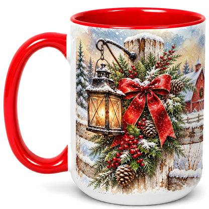 #pl[15oz|Red] Christmas Lantern Coffee Mug, Snowy Farmhouse Mug, Ceramic Cup