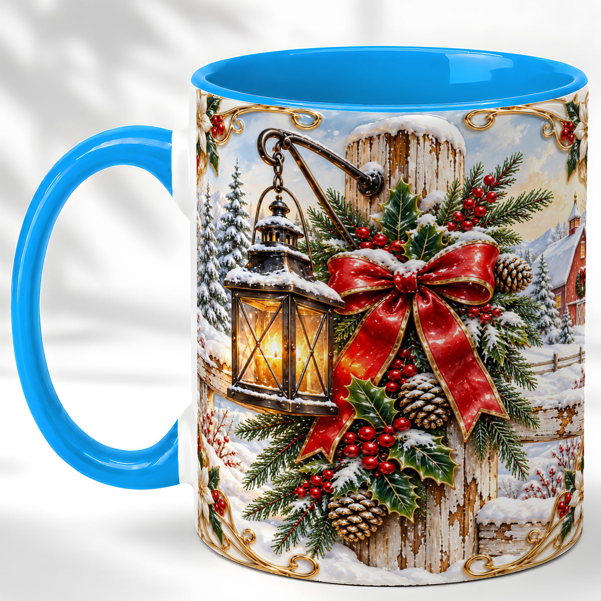 #pl[11oz|Blue] Christmas Lantern Coffee Mug, Ornate Winter Mug, Ceramic Cup