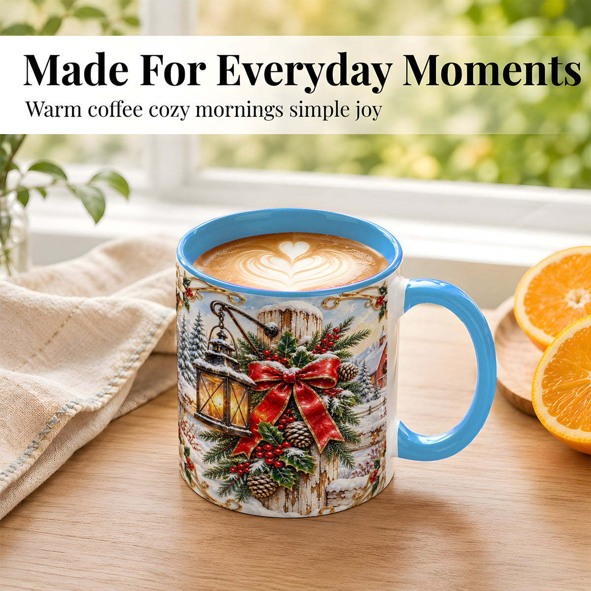 #pl[11oz|Blue] Christmas Lantern Coffee Mug, Ornate Winter Mug, Ceramic Cup