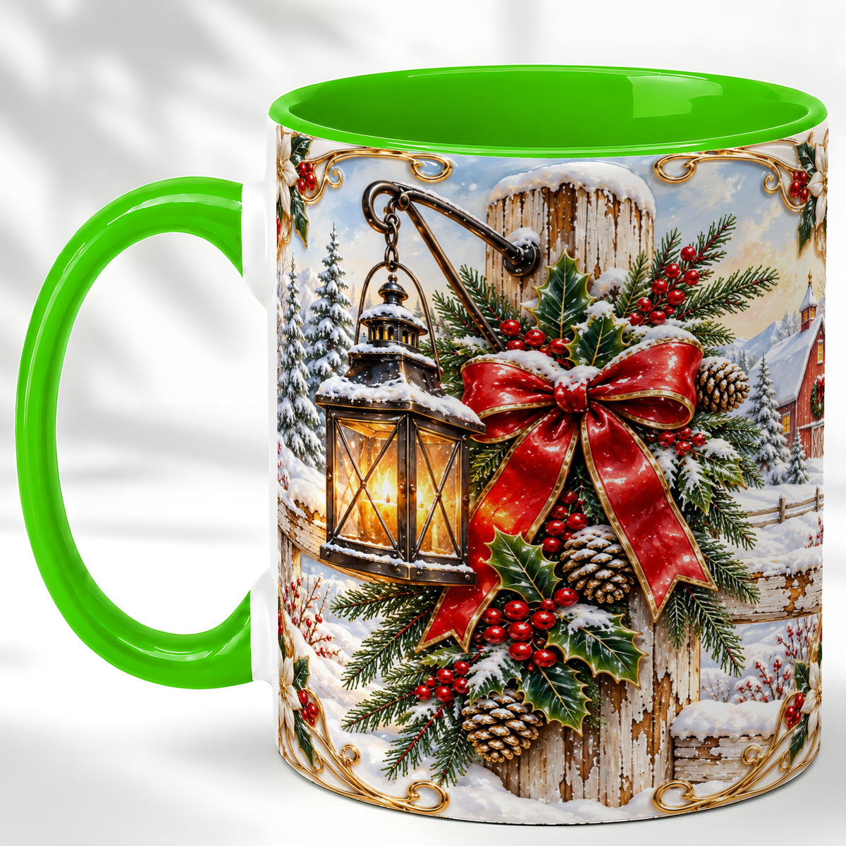#pl[11oz|Green] Christmas Lantern Coffee Mug, Ornate Winter Mug, Ceramic Cup