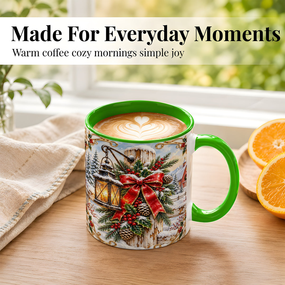 #pl[11oz|Green] Christmas Lantern Coffee Mug, Ornate Winter Mug, Ceramic Cup