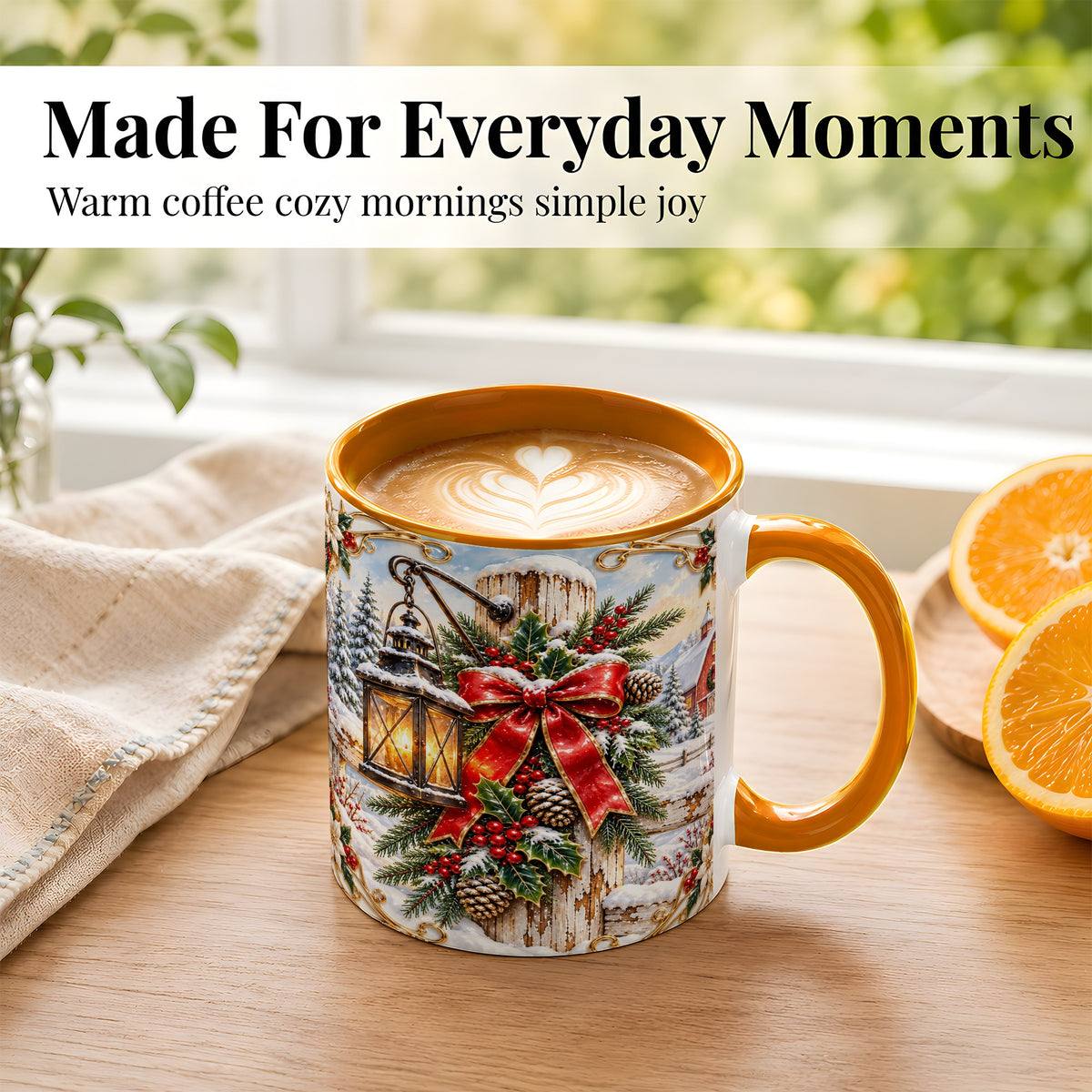 #pl[11oz|Orange] Christmas Lantern Coffee Mug, Ornate Winter Mug, Ceramic Cup