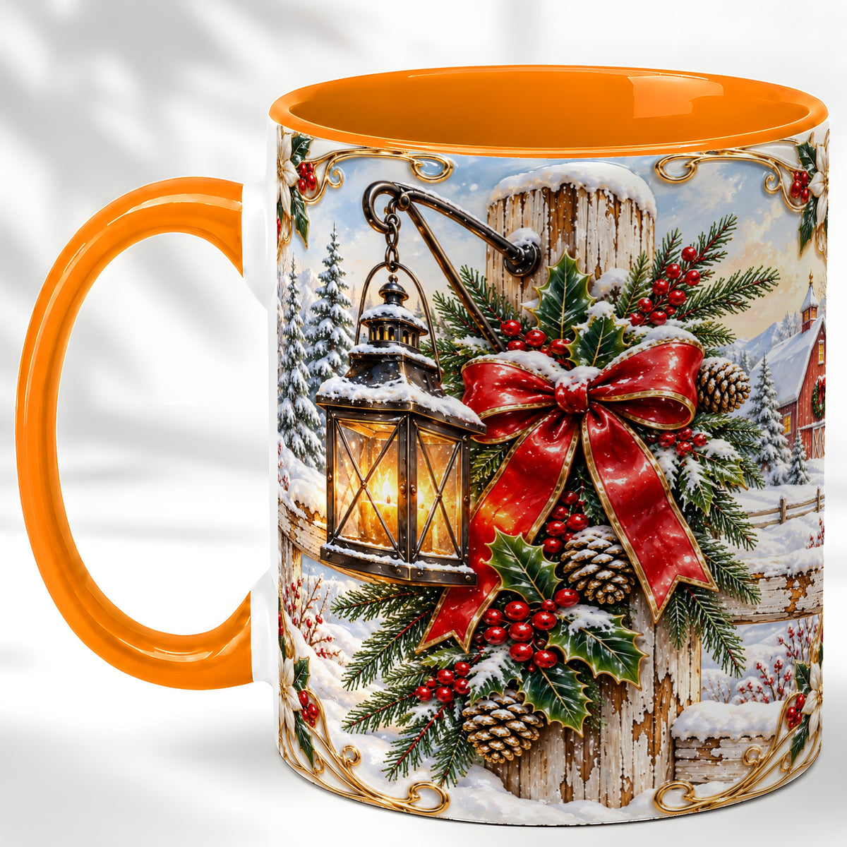 #pl[11oz|Orange] Christmas Lantern Coffee Mug, Ornate Winter Mug, Ceramic Cup