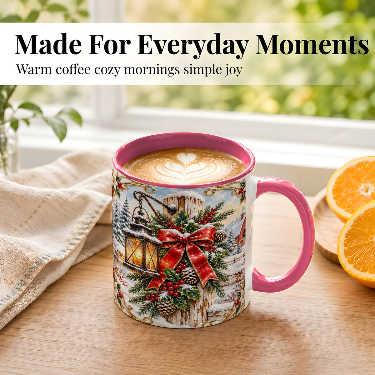 #pl[11oz|Pink] Christmas Lantern Coffee Mug, Ornate Winter Mug, Ceramic Cup