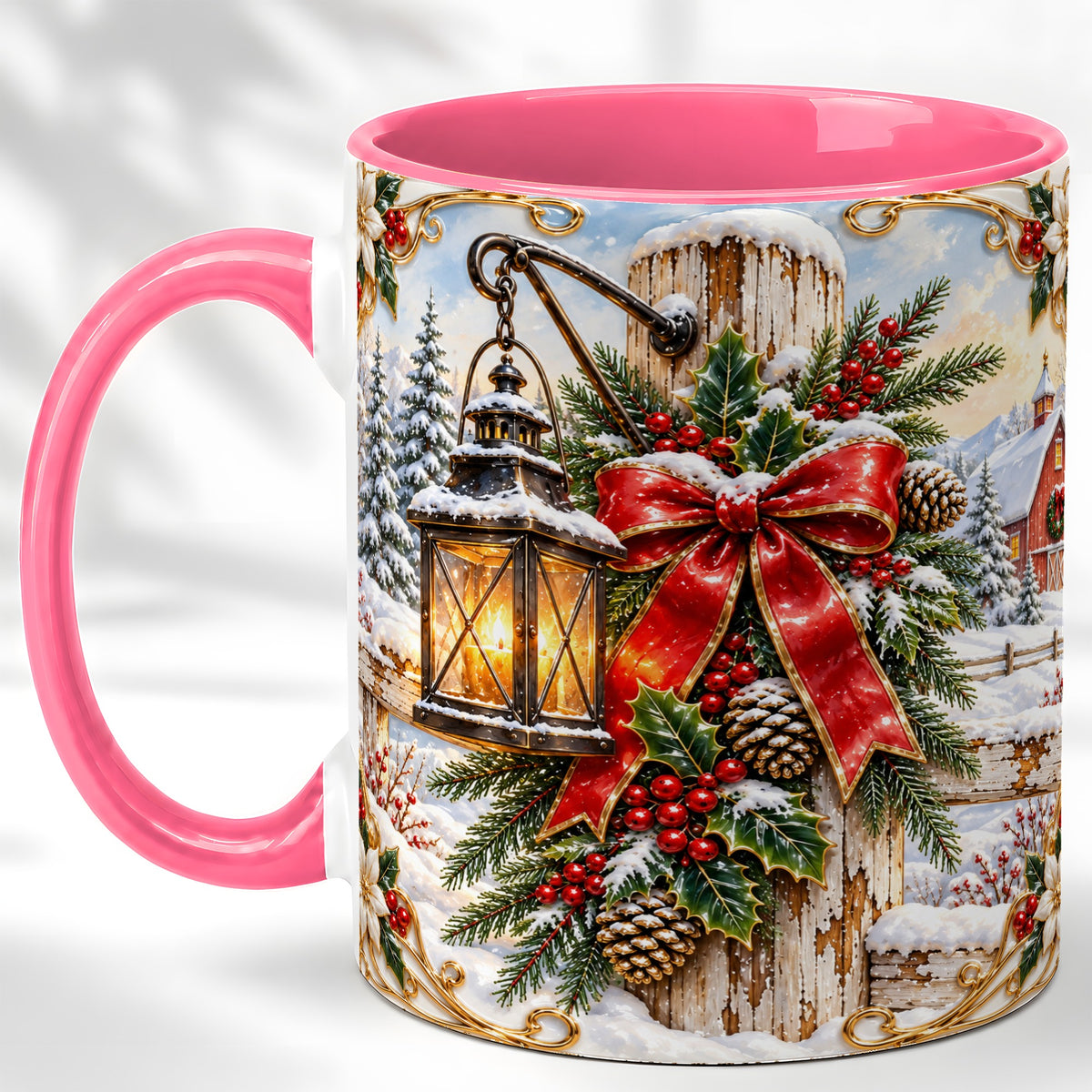 #pl[11oz|Pink] Christmas Lantern Coffee Mug, Ornate Winter Mug, Ceramic Cup