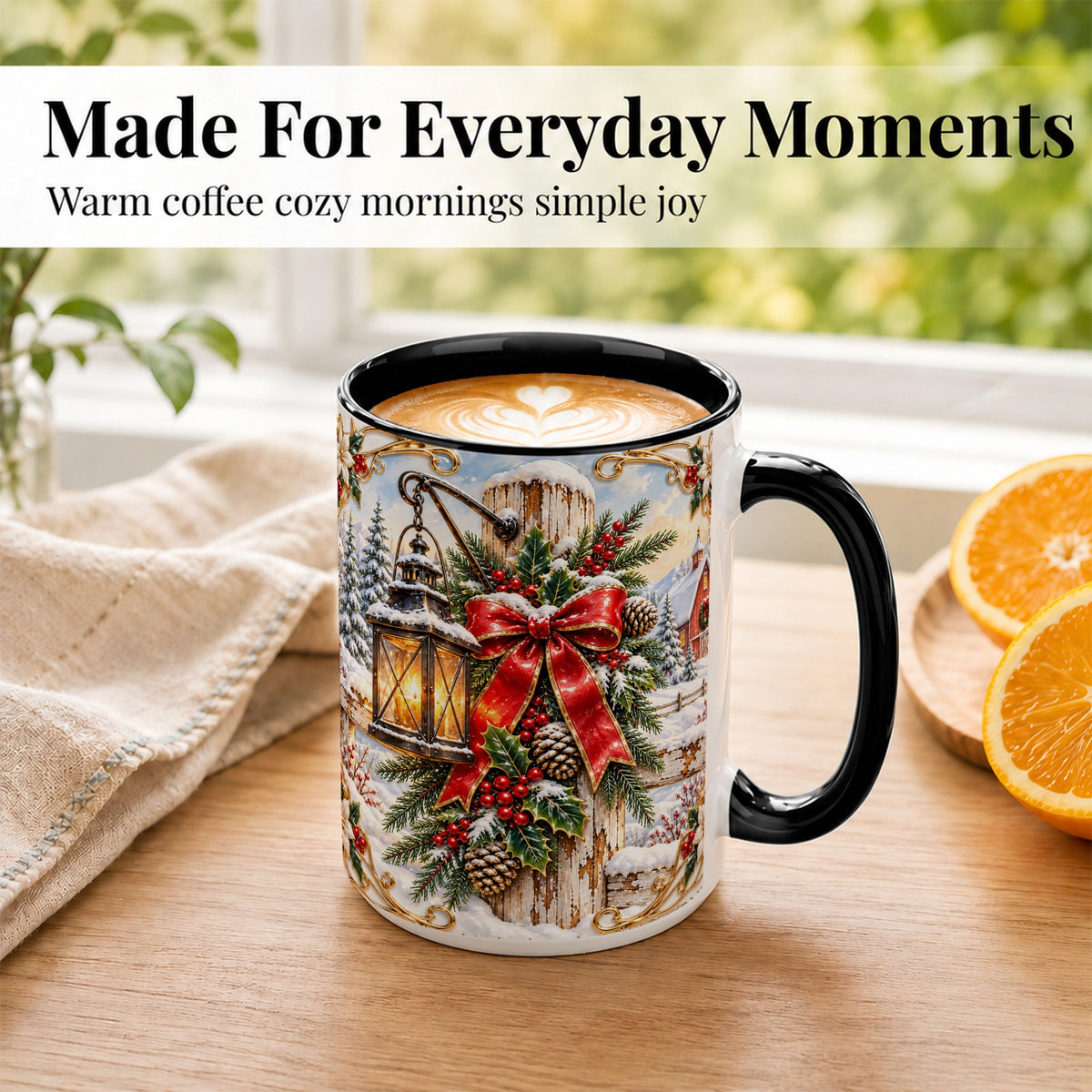 #pl[15oz|Black] Christmas Lantern Coffee Mug, Ornate Winter Mug, Ceramic Cup