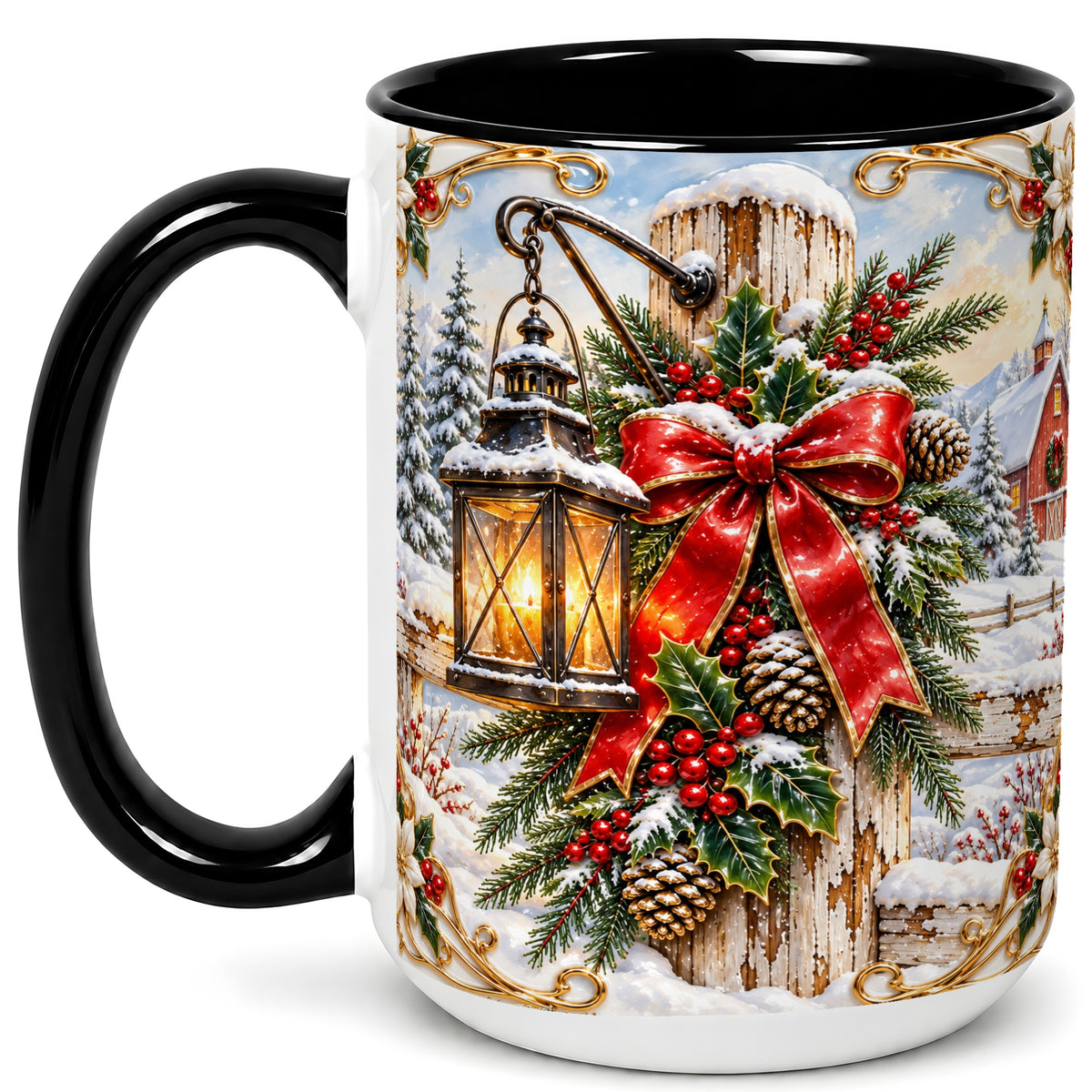 #pl[15oz|Black] Christmas Lantern Coffee Mug, Ornate Winter Mug, Ceramic Cup