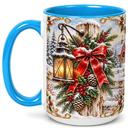 #pl[15oz|Blue] Christmas Lantern Coffee Mug, Ornate Winter Mug, Ceramic Cup