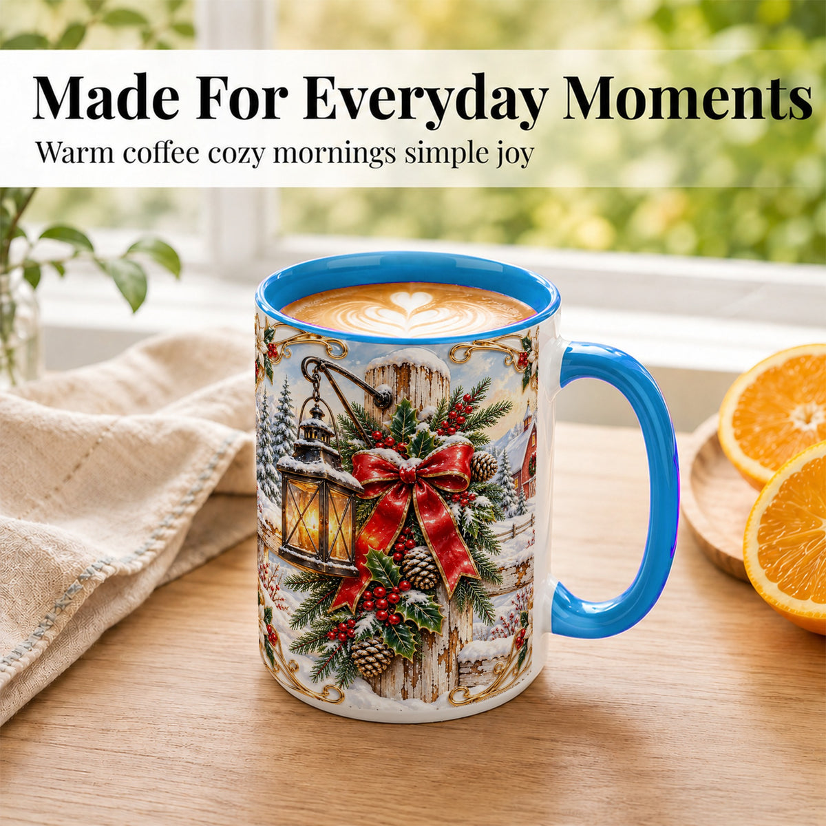 #pl[15oz|Blue] Christmas Lantern Coffee Mug, Ornate Winter Mug, Ceramic Cup