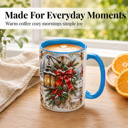 #pl[15oz|Blue] Christmas Lantern Coffee Mug, Ornate Winter Mug, Ceramic Cup