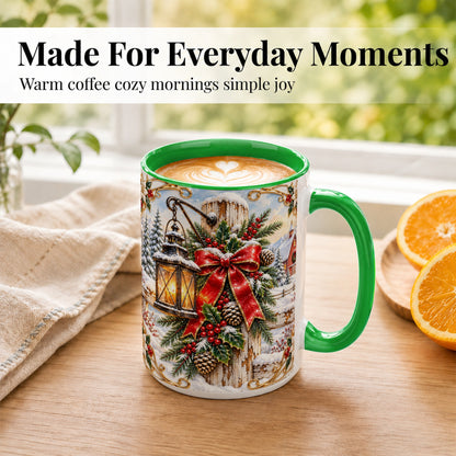 #pl[15oz|Green] Christmas Lantern Coffee Mug, Ornate Winter Mug, Ceramic Cup