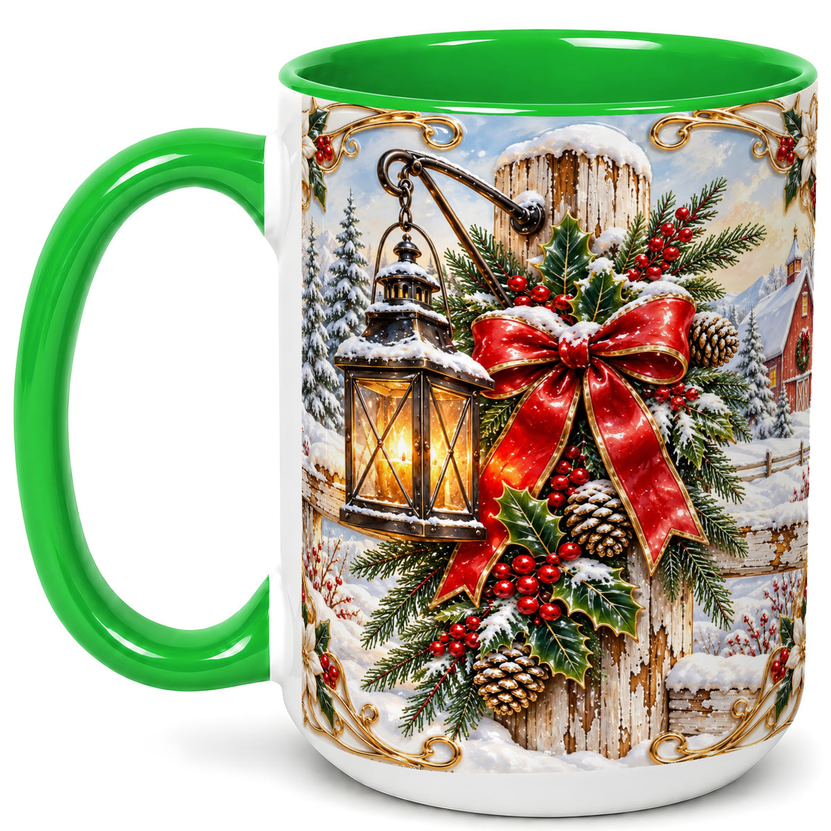 #pl[15oz|Green] Christmas Lantern Coffee Mug, Ornate Winter Mug, Ceramic Cup