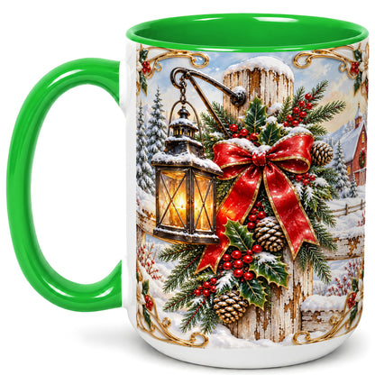 #pl[15oz|Green] Christmas Lantern Coffee Mug, Ornate Winter Mug, Ceramic Cup