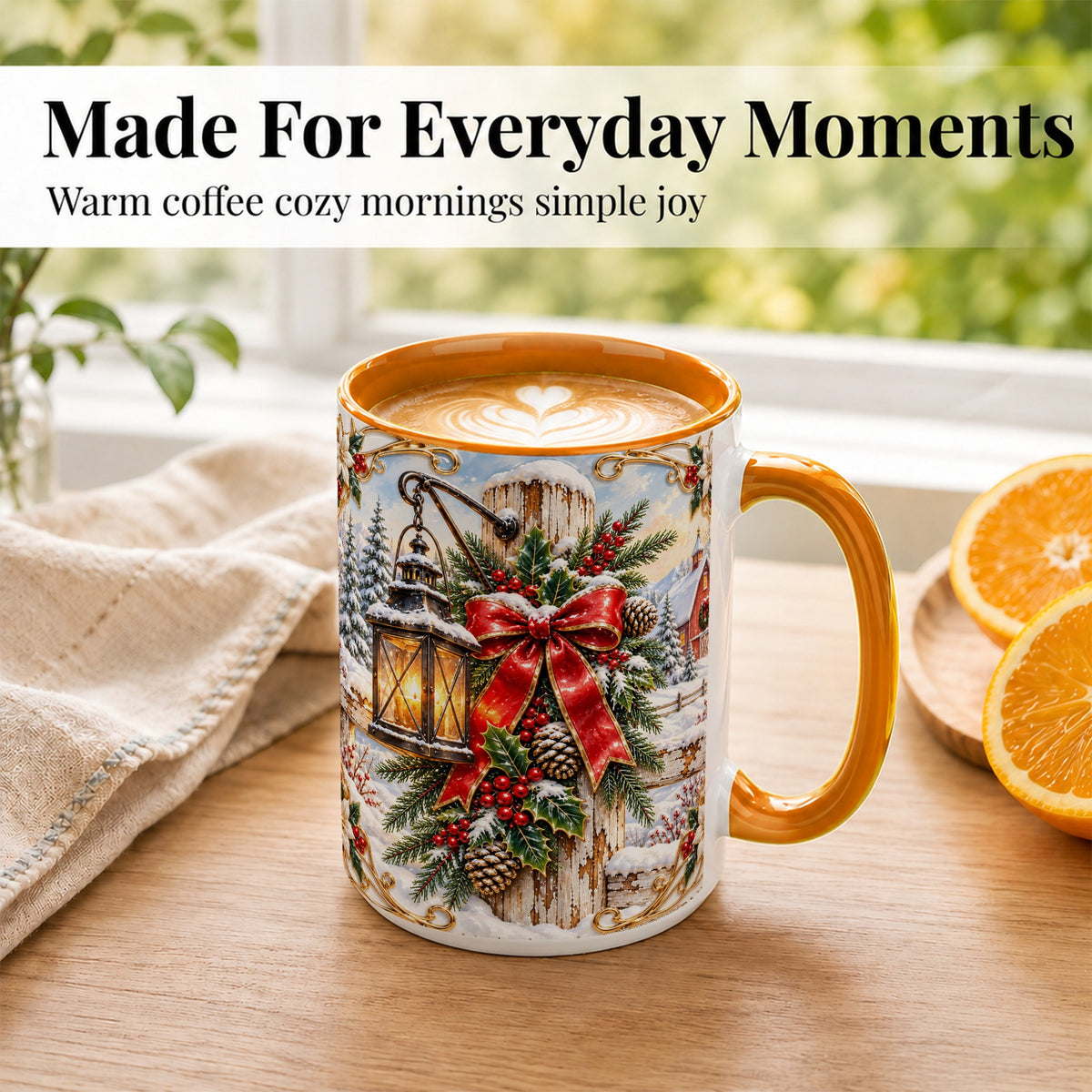 #pl[15oz|Orange] Christmas Lantern Coffee Mug, Ornate Winter Mug, Ceramic Cup