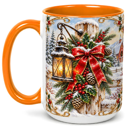 #pl[15oz|Orange] Christmas Lantern Coffee Mug, Ornate Winter Mug, Ceramic Cup