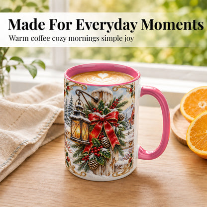 #pl[15oz|Pink] Christmas Lantern Coffee Mug, Ornate Winter Mug, Ceramic Cup